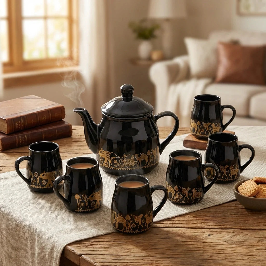 Black teapot and six cups set with gold snake pattern