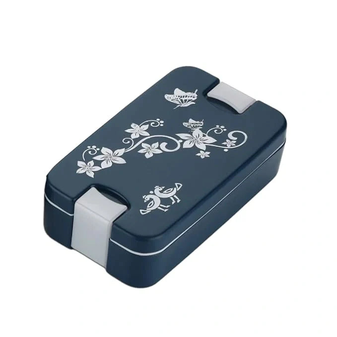 Two-compartment airtight lunch box, dark blue with floral bird pattern