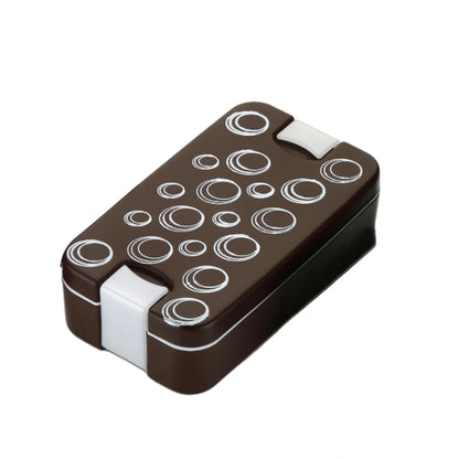 2-compartment airtight lunch box, dark brown with white circle pattern and snap latches