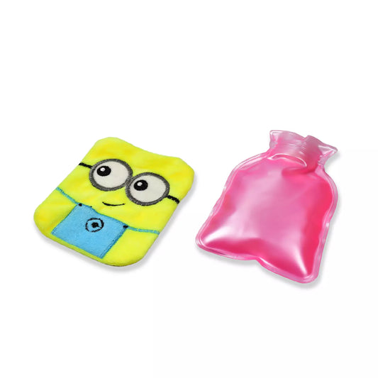 Minions hot water bottle with pink rubber bladder and yellow character cover