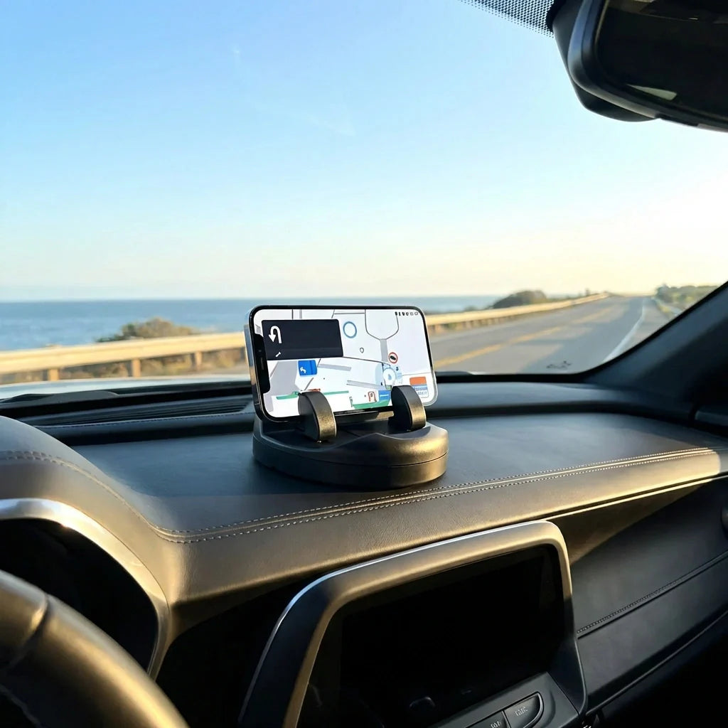 2-in-1 anti-slip phone holder with dual grips on car dashboard, black base