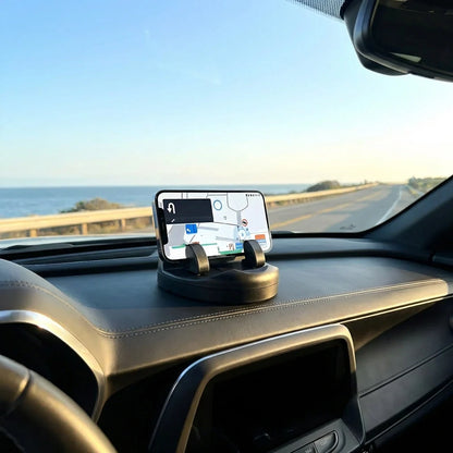 2-in-1 anti-slip phone holder with dual grips on car dashboard, black base