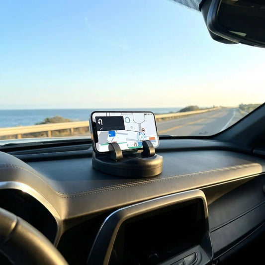 2-in-1 anti-slip phone holder with dual grips on car dashboard, black base