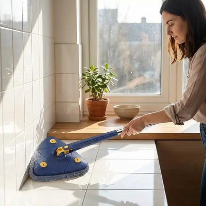 Blue extendable triangle mop with grey microfiber pad and yellow control details