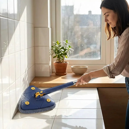 Blue extendable triangle mop with grey microfiber pad and yellow control details