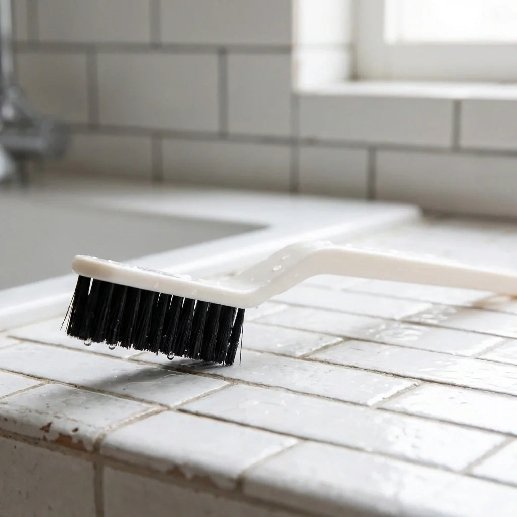 2-in-1 floor gap cleaning brush with black bristle head and white handle