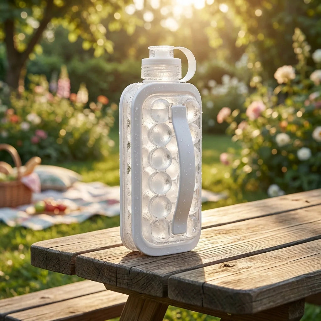 Ice ball maker bottle with clear plastic body and ice ball molds in tray