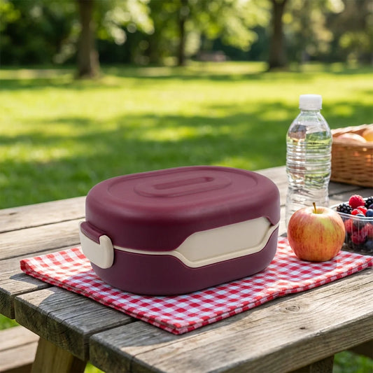 2-in-1 lunch box with maroon lid and beige base, round two-tier design.