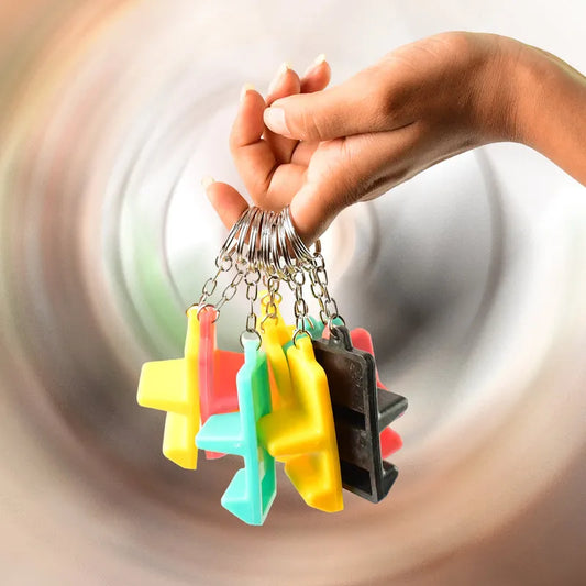 Assorted 2-in-1 phone stand keychains with colorful plastic holders, on metal chains