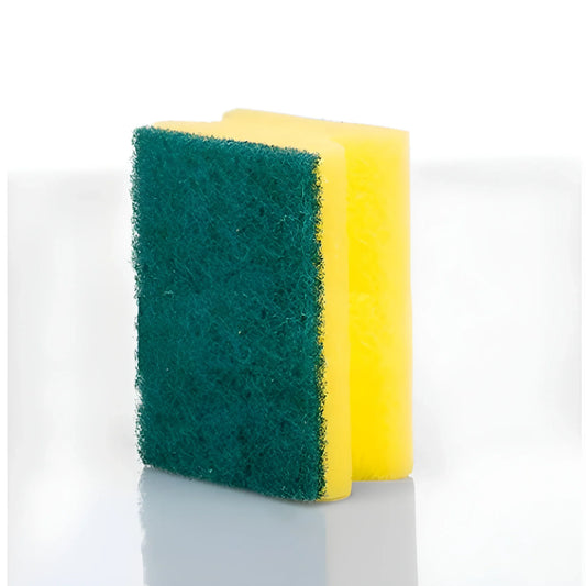 2-in-1 kitchen scrubber sponges: green scrub pad and yellow sponge block