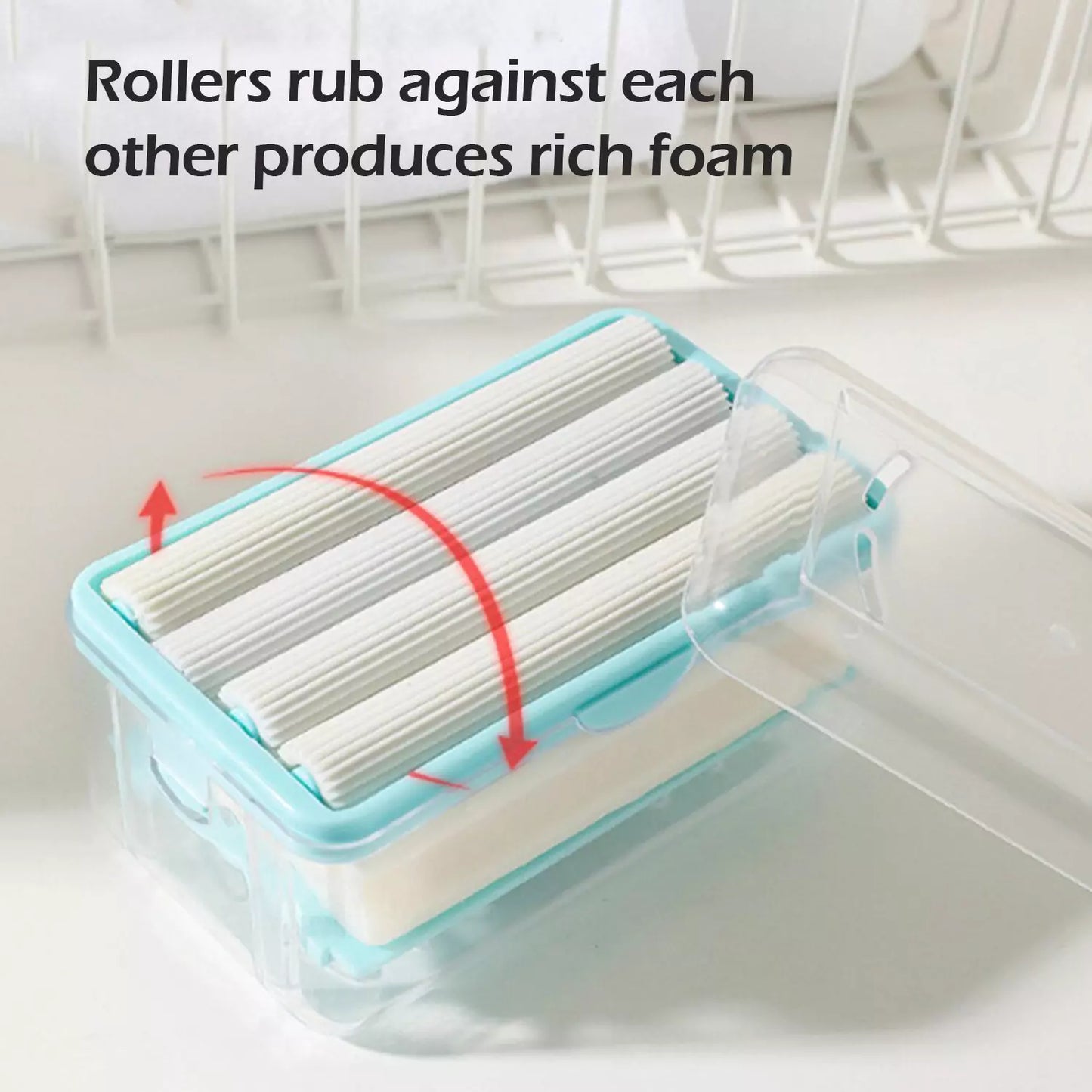 Portable soap dispenser with roller cartridge in translucent blue soap dish