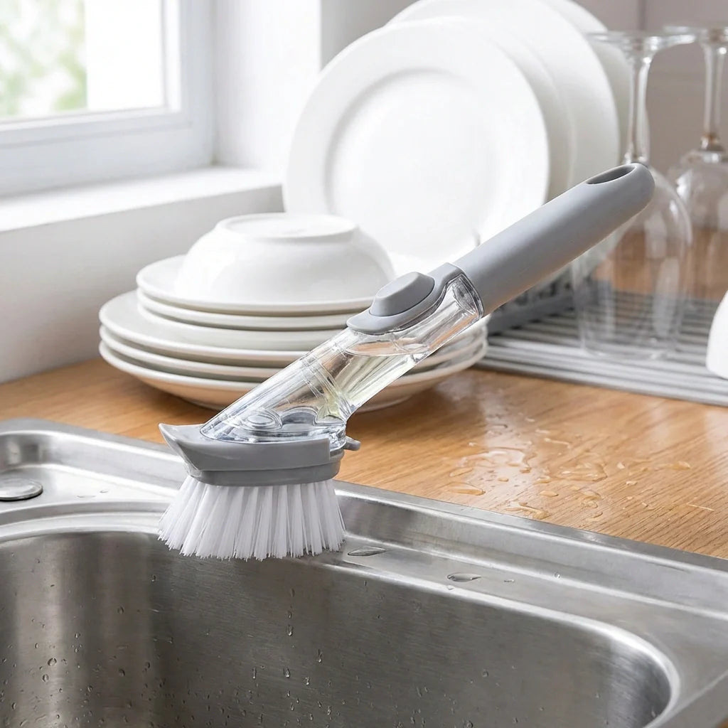 2 in 1 pot brush with clear handle, gray bristle brush head, and scraper