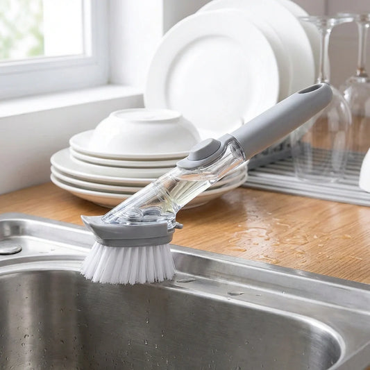 2 in 1 pot brush with clear handle, gray bristle brush head, and scraper