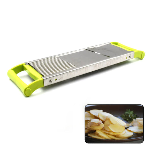 2-in-1 potato slicer with metal cutting grid and green handles, with slicing guide ruler