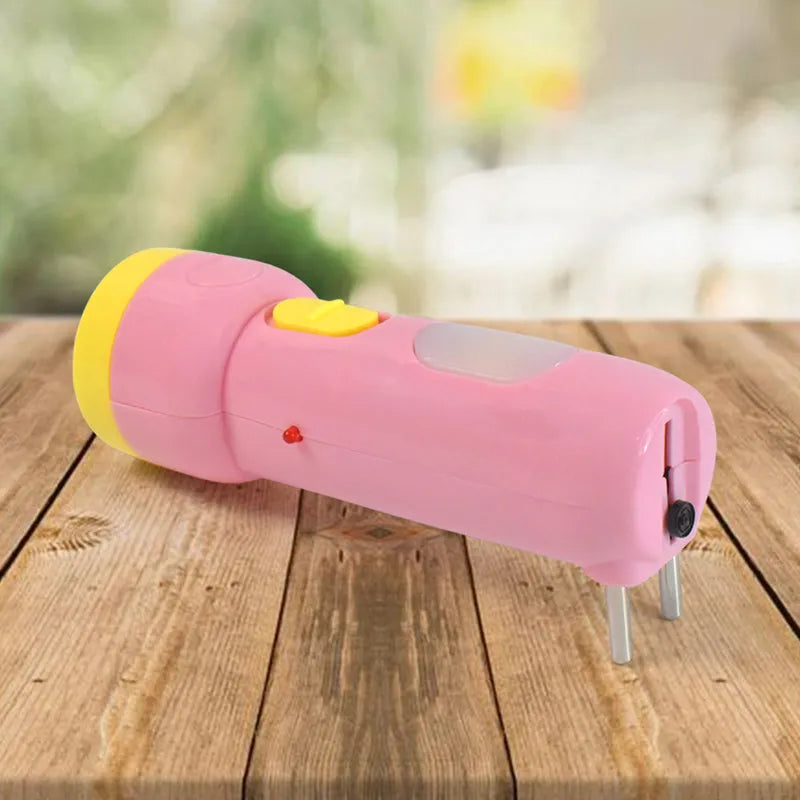 Pink rechargeable flashlight with yellow switch and stand prongs