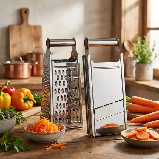 Stainless steel 2-in-1 slicer and grater with dual grating surfaces and handles