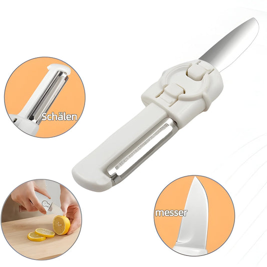2-in-1 travel peeler knife with white handle and metal blade