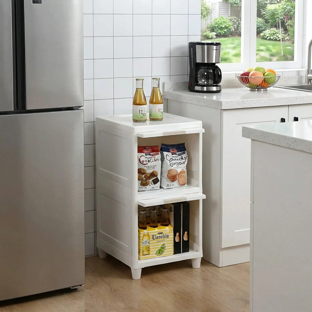 Two-layer storage drawer unit with two open shelves, white