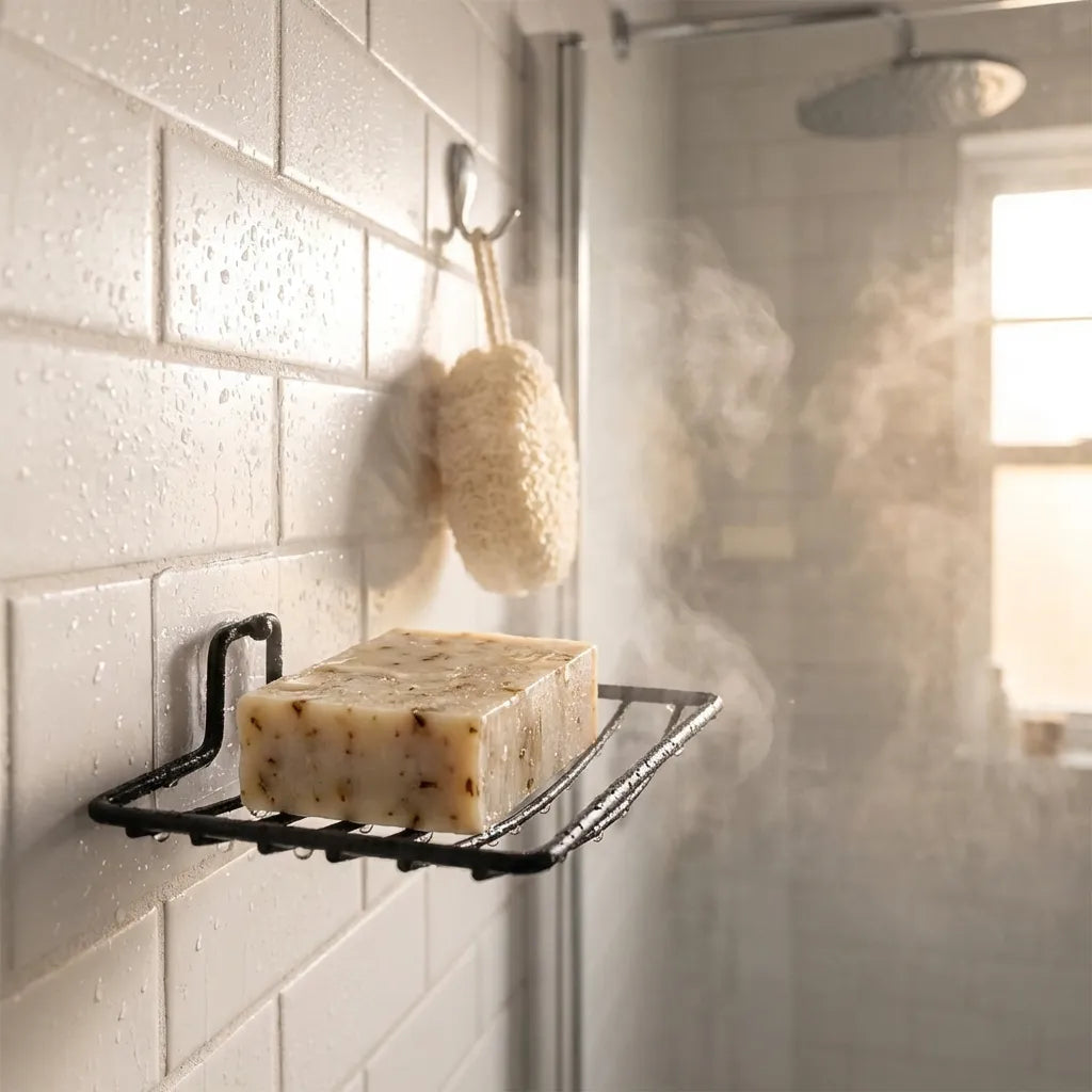 Wall-mounted soap rack with bar of soap and hanging sponge on black frame
