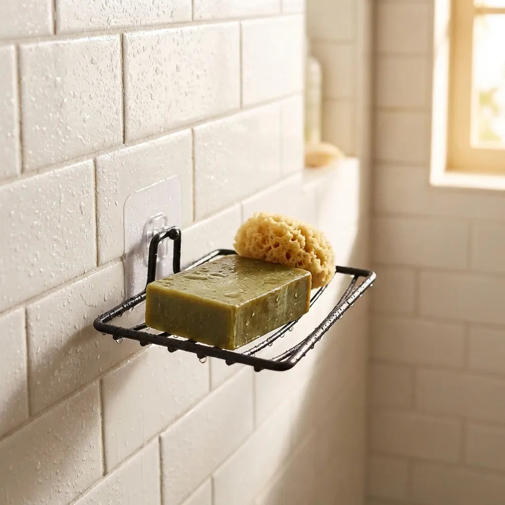 Wall-mounted soap rack holding a greenish soap bar and a yellow sponge