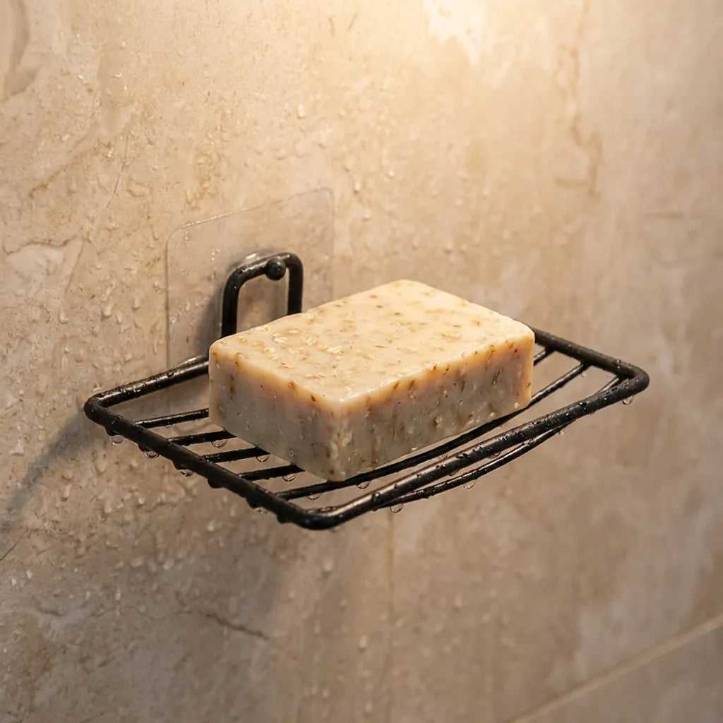 Wall-mounted black soap rack holding a beige rectangular soap bar