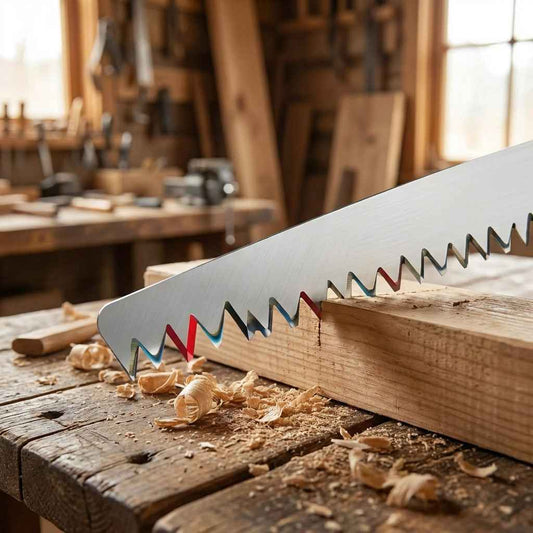Pruning saw with silver blade and fine teeth, resting on cut lumber