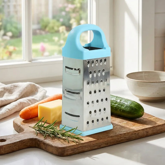 Stainless steel box grater with blue handle and perforated grating surface