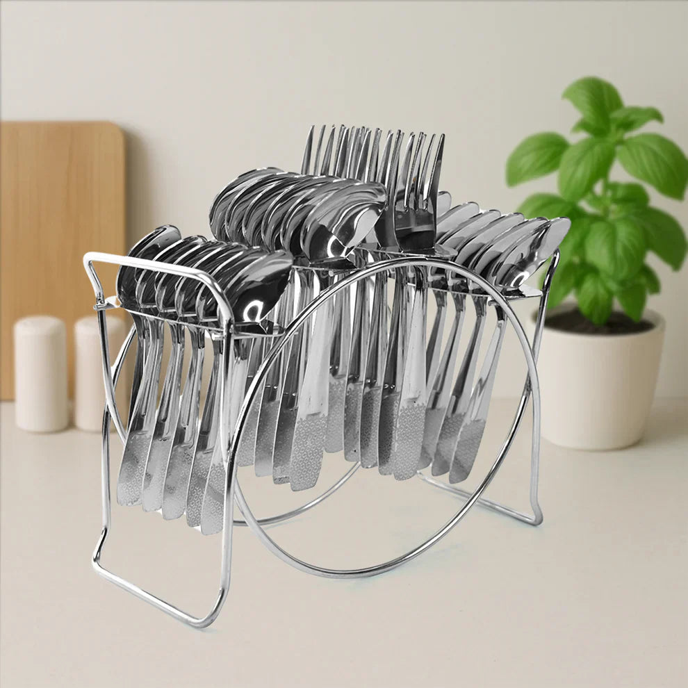 Stainless steel cutlery set with wire stand holding forks and spoons