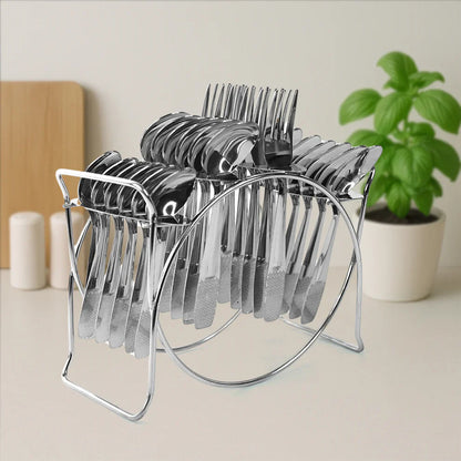 Stainless steel cutlery set with wire stand holding forks and spoons