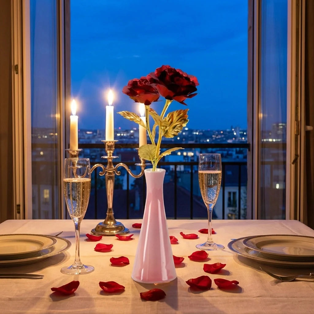 Eternal rose centerpiece with red roses and 24K gold stems in a white vase