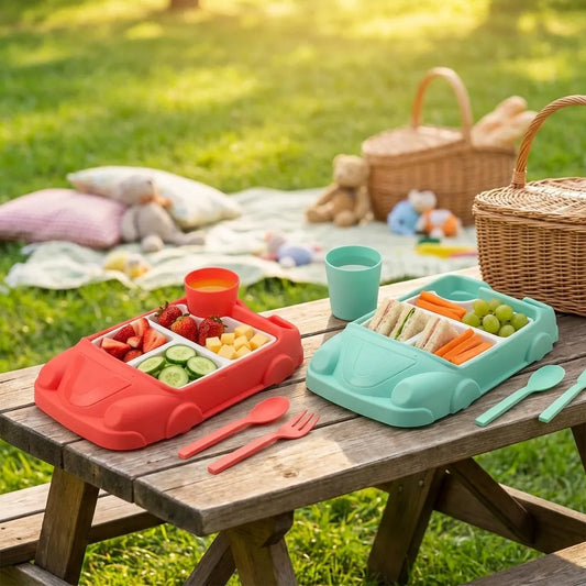 Car-shaped suction baby plate with divided compartments, red and mint trays