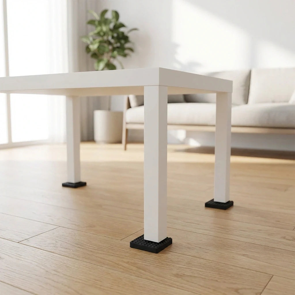 Self-sticking rubber furniture pads under table legs on a wood floor