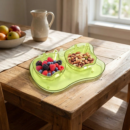 Green serving tray with two apple-shaped bowls for snacks and fruit