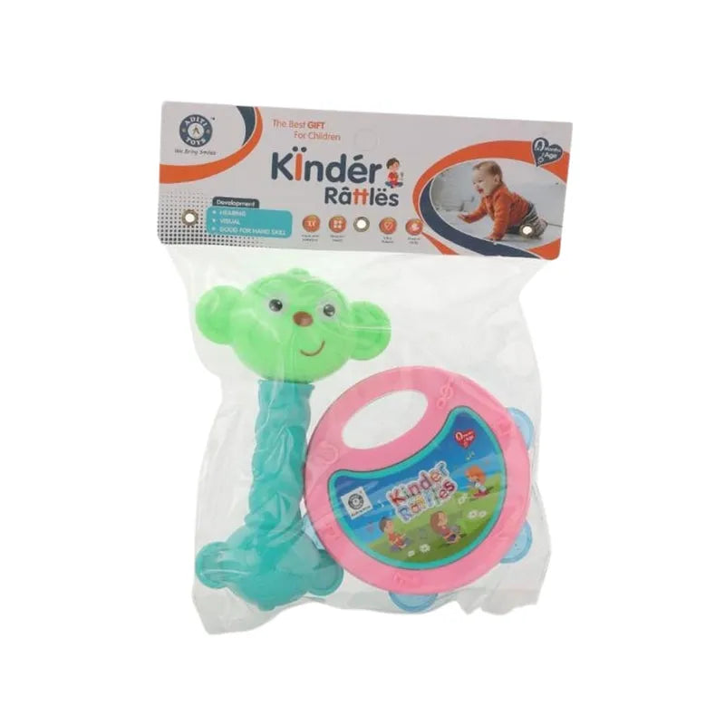 Two-piece baby rattle toy set: green plush animal rattle and round bib rattle