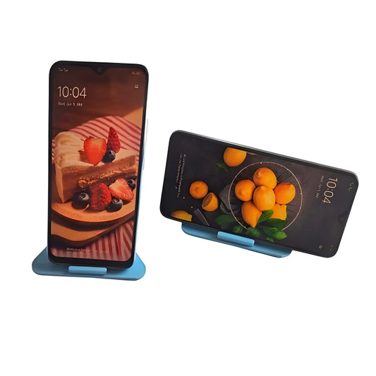 Pyramid phone stand holding a smartphone, blue base