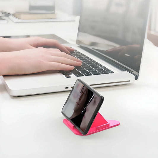 Pyramid phone stand with red base holding a smartphone in landscape view