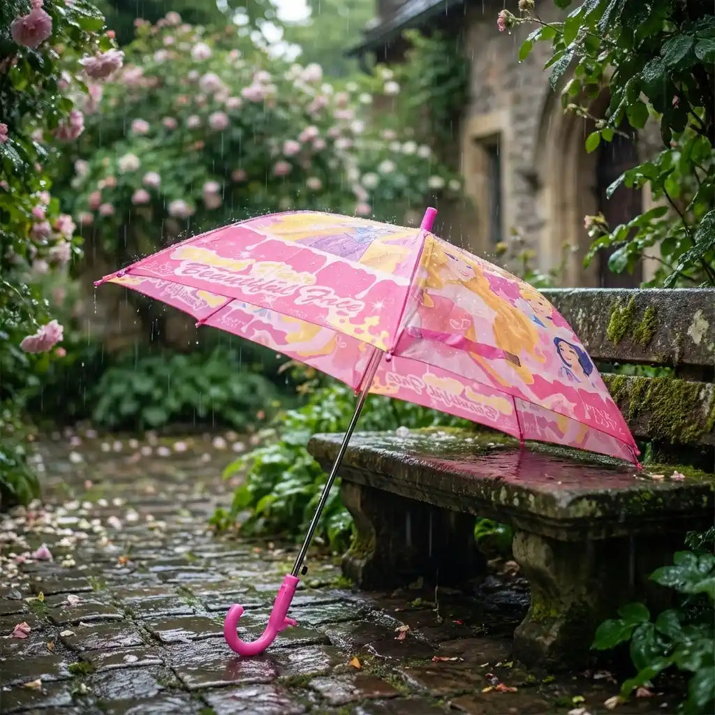 Compact 3-fold umbrella with pink and yellow graphic print, curved pink handle.