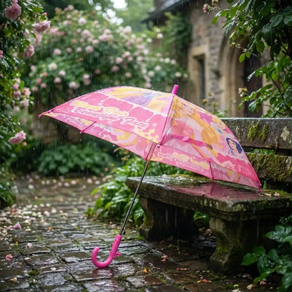 Compact 3-fold umbrella with pink and yellow graphic print, curved pink handle.