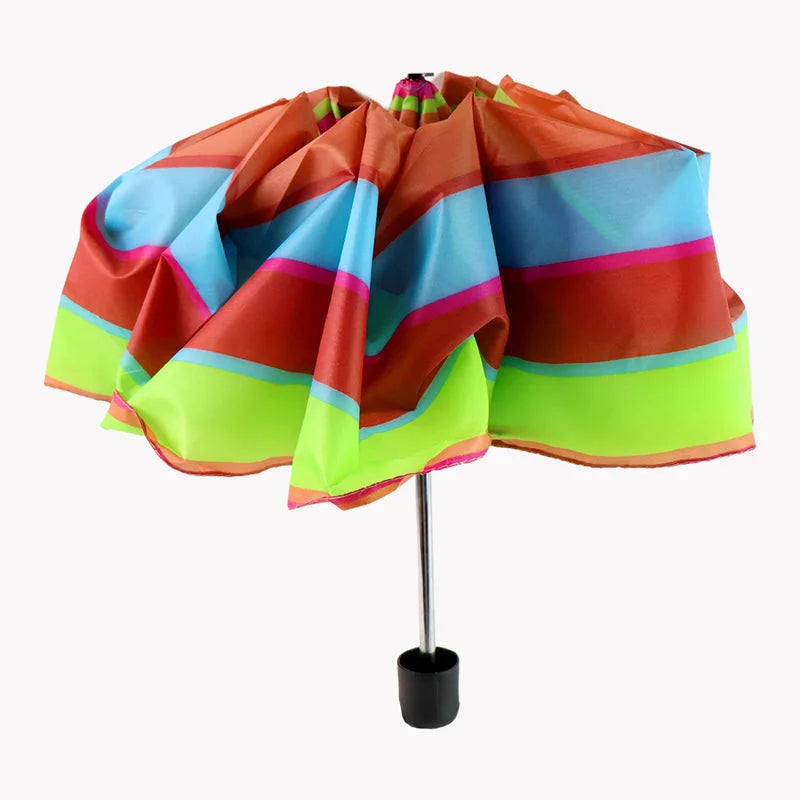 3-fold travel umbrella: folded rainbow-striped canopy with center pole and black tip