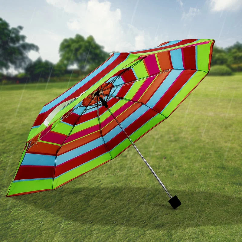 3-fold travel umbrella: open rainbow-striped canopy with silver pole and black handle