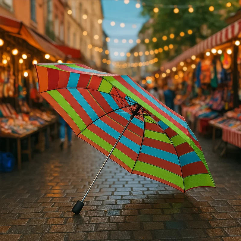 3-fold travel umbrella: open rainbow-striped canopy with metal ribs and black tip