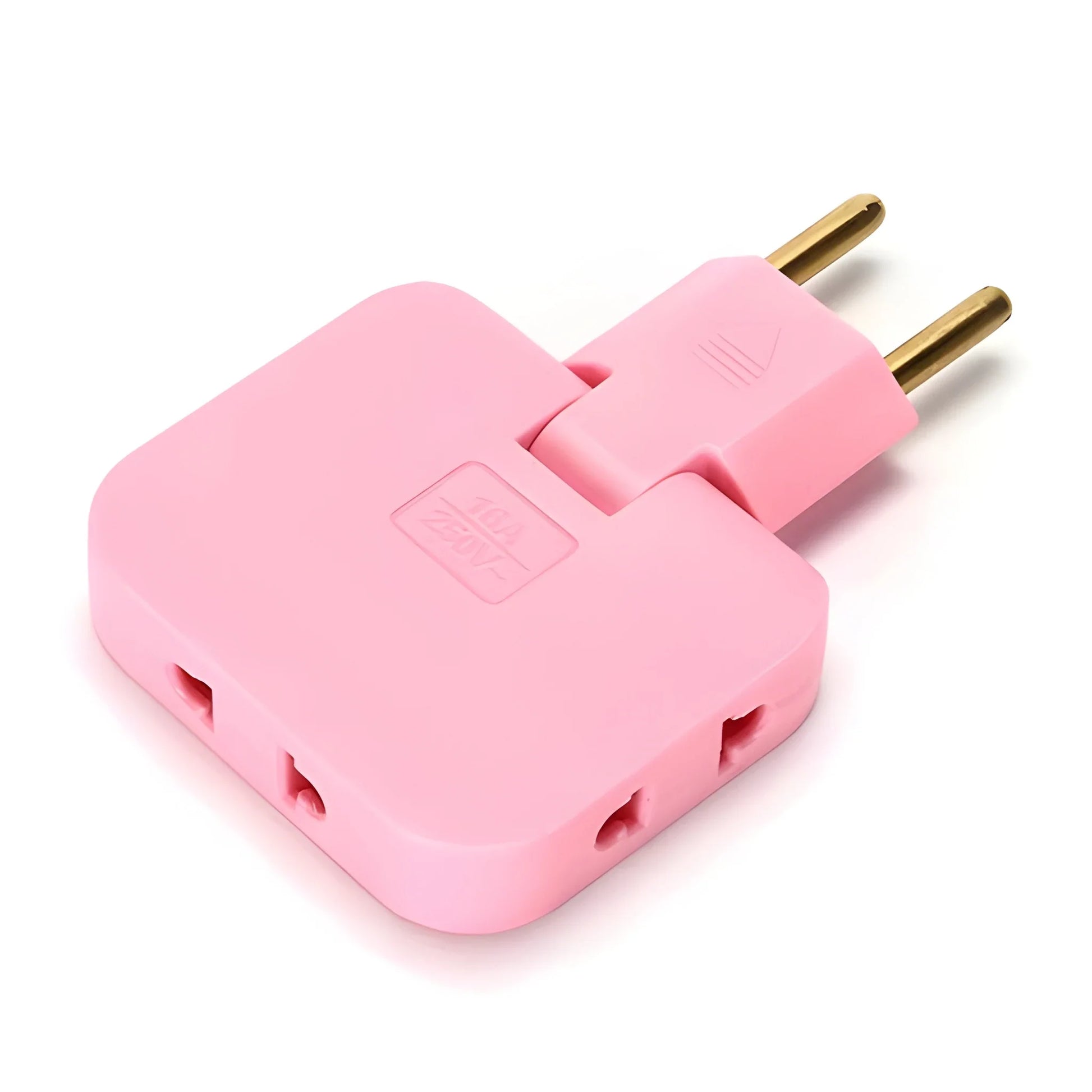 Pink foldable power adapter with two prongs and dual outlet ports