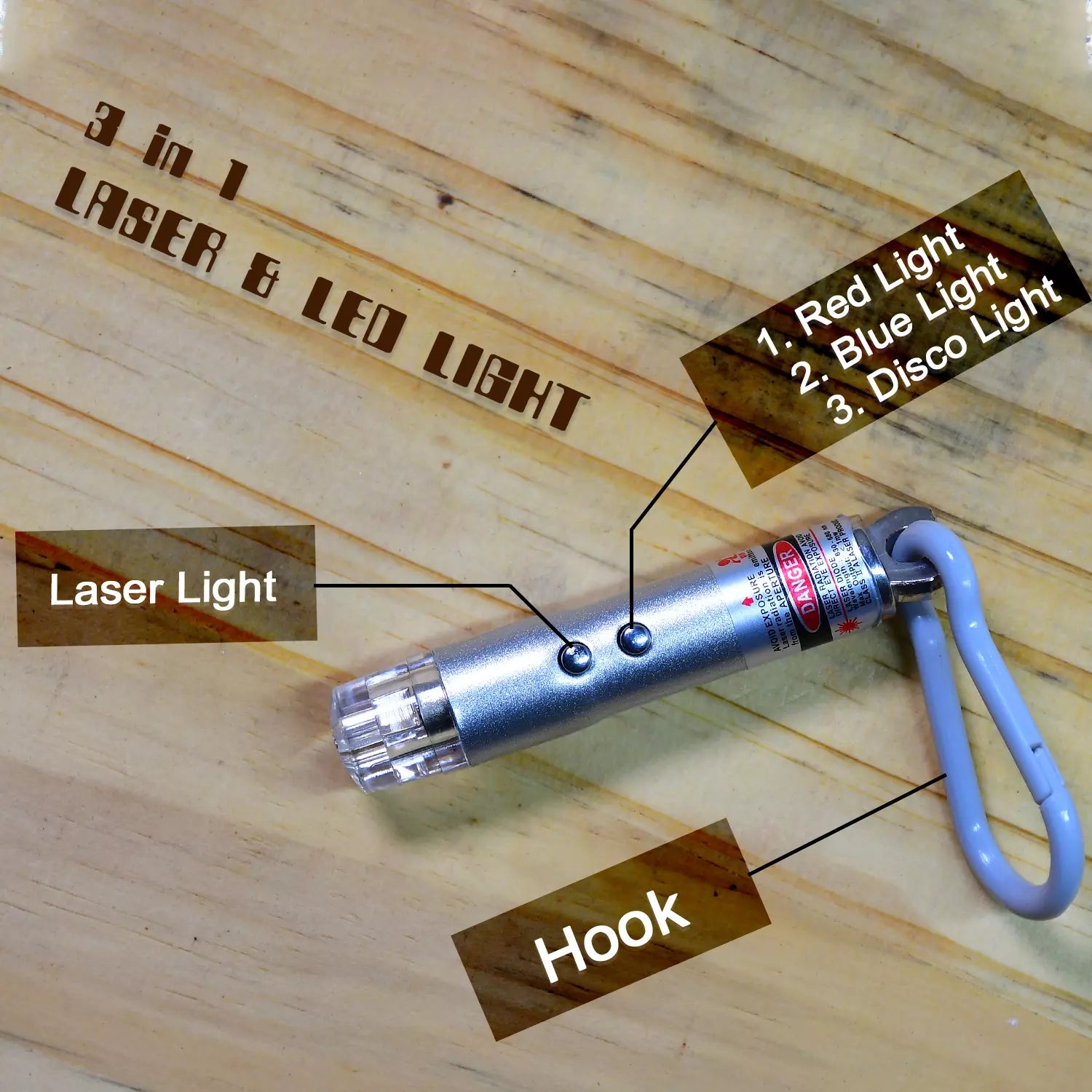 LED flashlight keychain with silver body, laser head, and blue key ring loop
