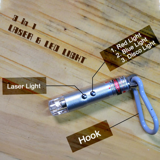 LED flashlight keychain with silver body, laser head, and blue key ring loop