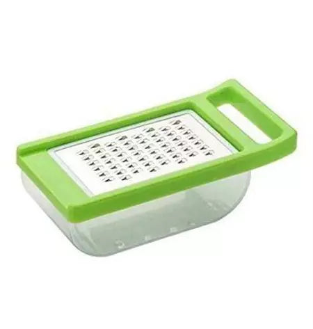 Stainless steel cheese grater with green plastic frame and handle