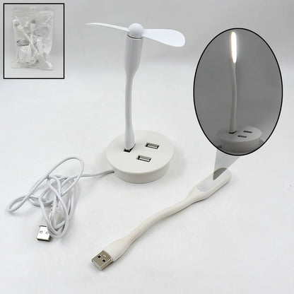 Desk USB cooler with fan head on base, two USB ports and power cables