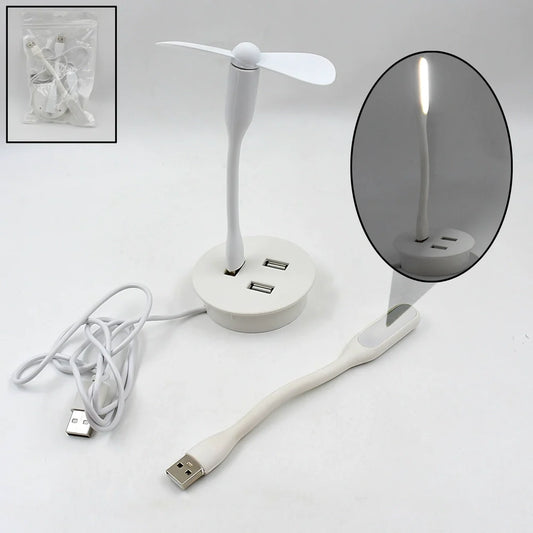 Desk USB cooler with fan head on base, two USB ports and power cables