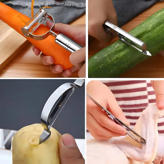 Orange vegetable peeler with metal blade and finger guard