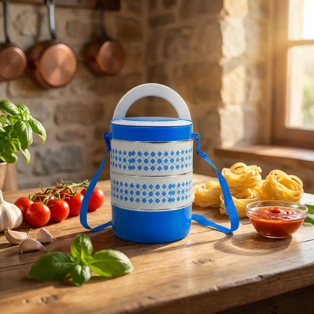 Blue patterned tiffin lunch container with white lid and carry strap on wooden table