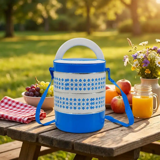 Blue and white 3-tier tiffin set with carry handle and stacked containers